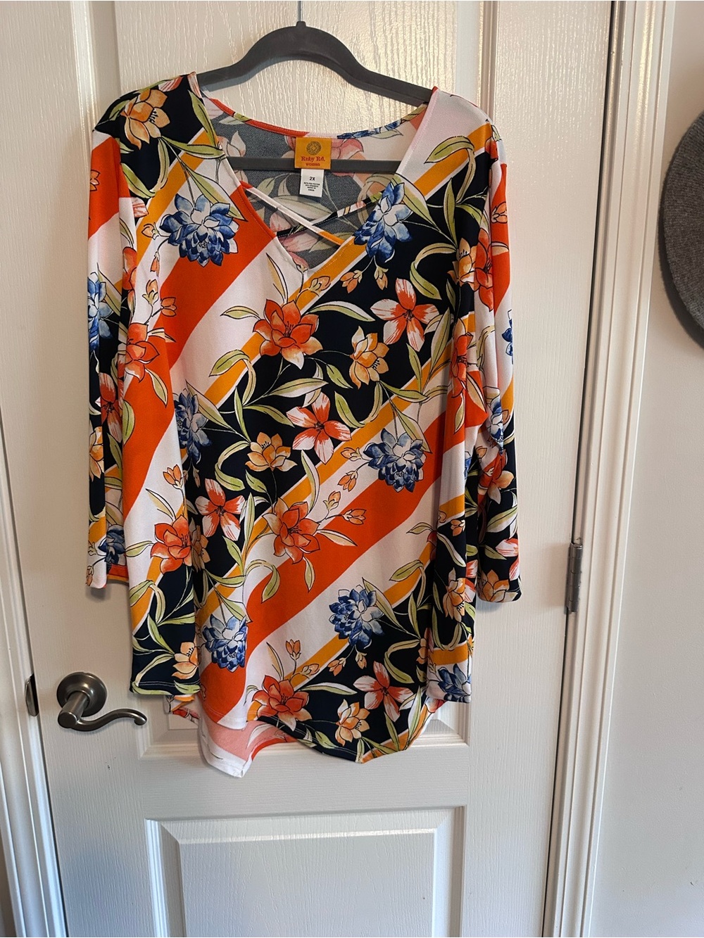 Ruby Rd. Orange Navy Floral V-Neck Tunic